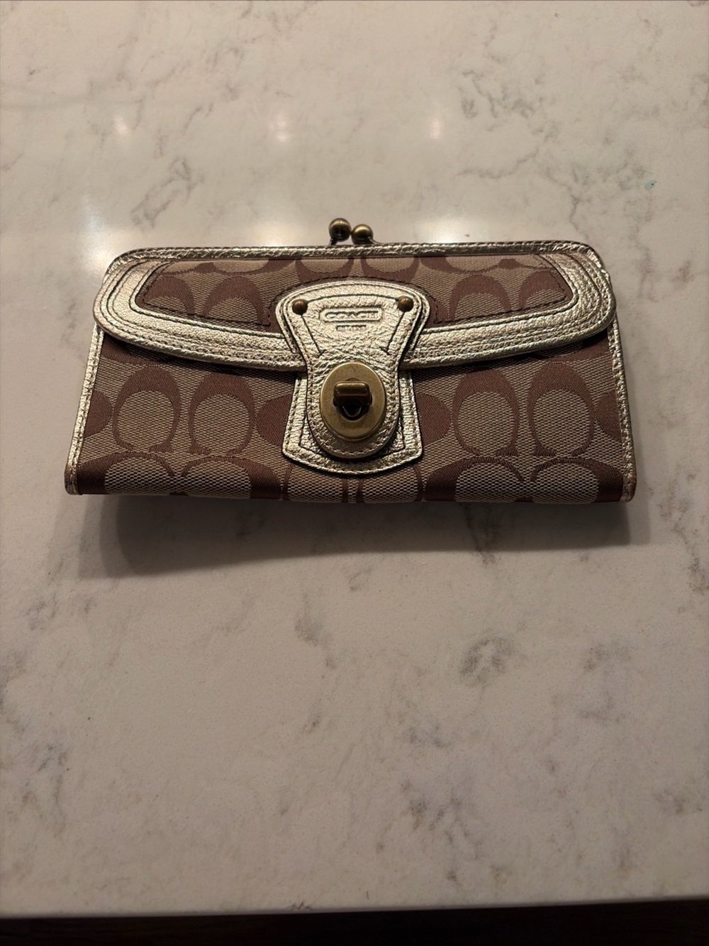 Coach Legacy Turnlock Kisslock Signature Wallet in Taupe with Gold Trim